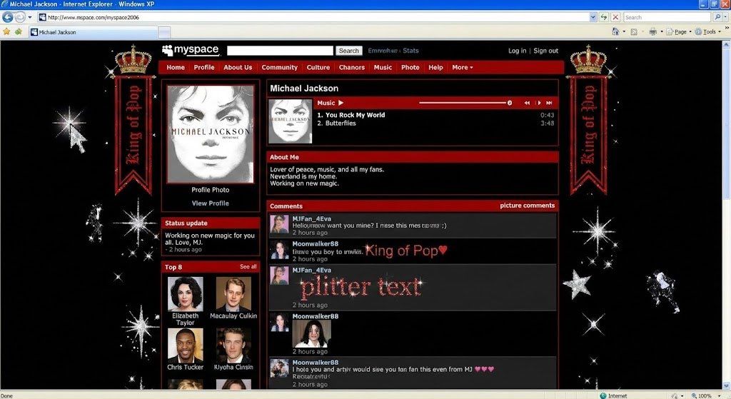 某名人的 MySpace 页面截图