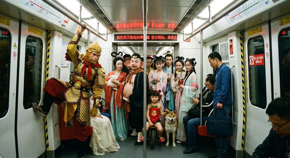 北京拥挤的地铁上的神话人物