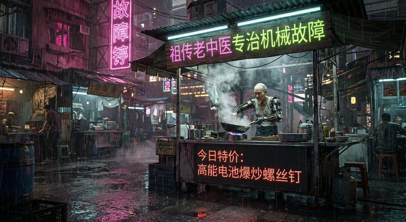 赛博朋克 80 年代中国街头小吃摊场景