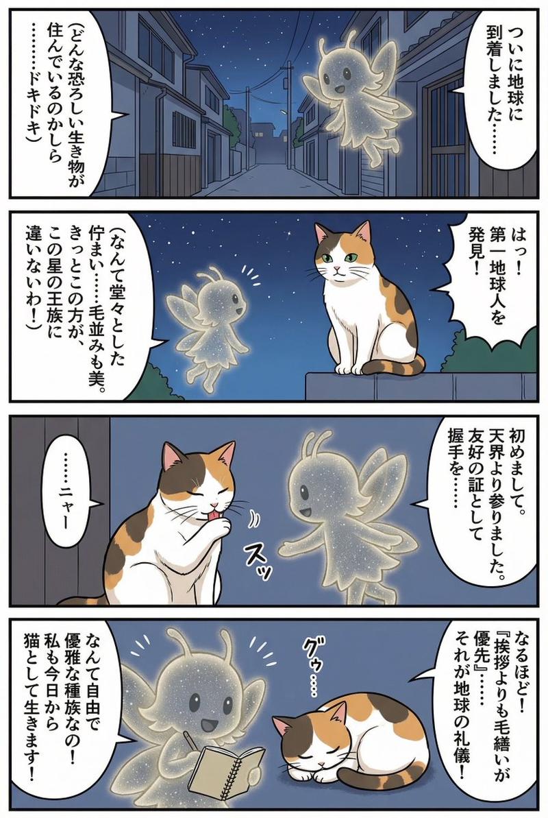 一个认为地球是猫咪星球的仙女的四格漫画