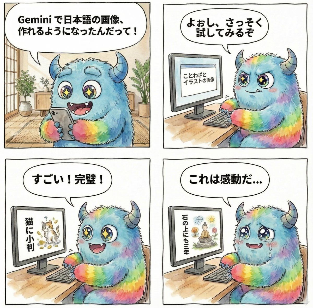 关于 Gemini 生成日文文本图片的四格漫画