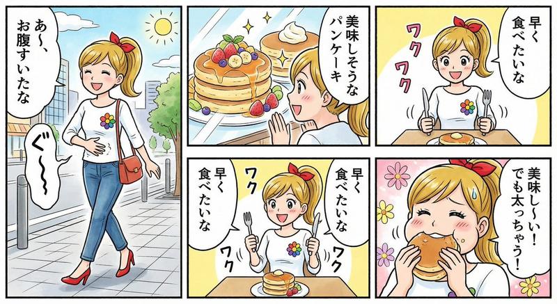 关于一个饥饿的女人和煎饼的四格漫画