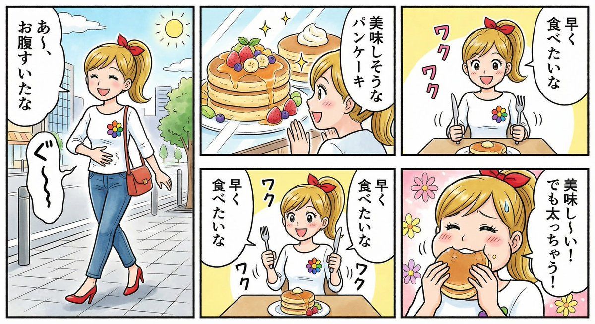 关于一个饥饿的女人和煎饼的四格漫画