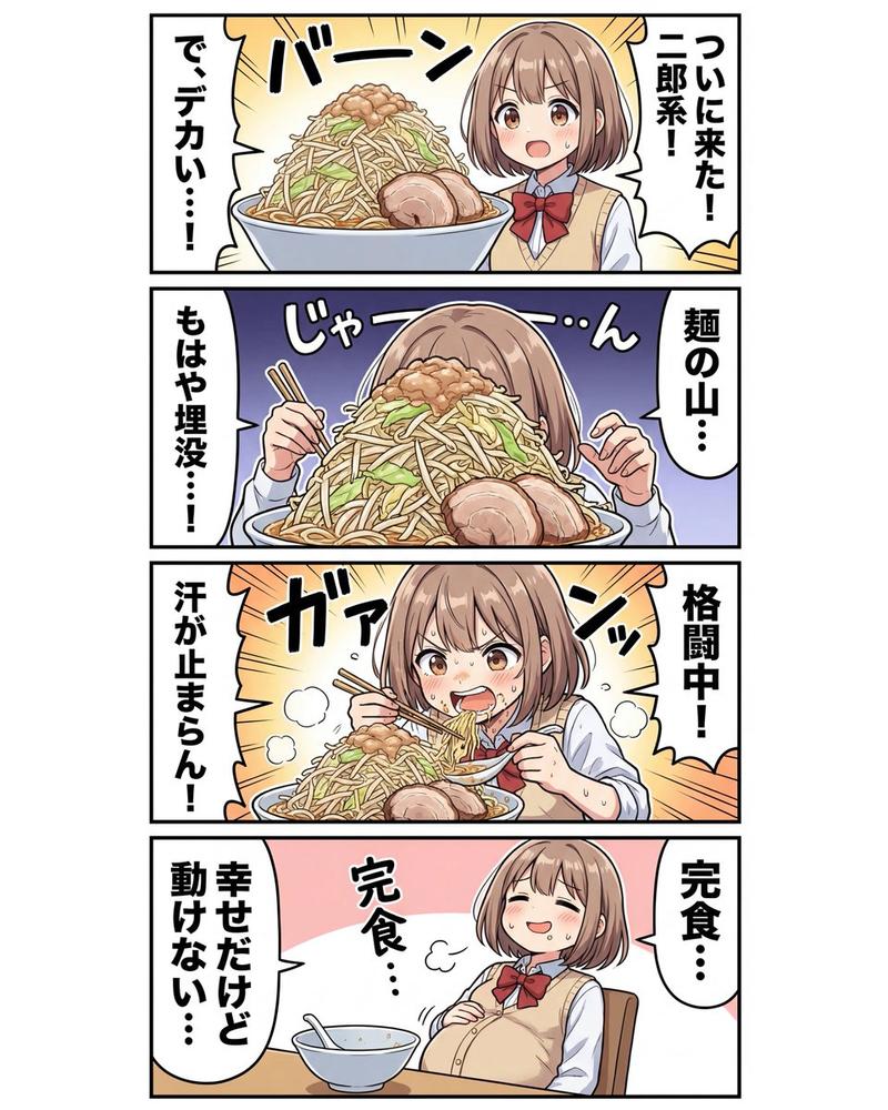 关于七海吃拉面的四格日式搞笑漫画