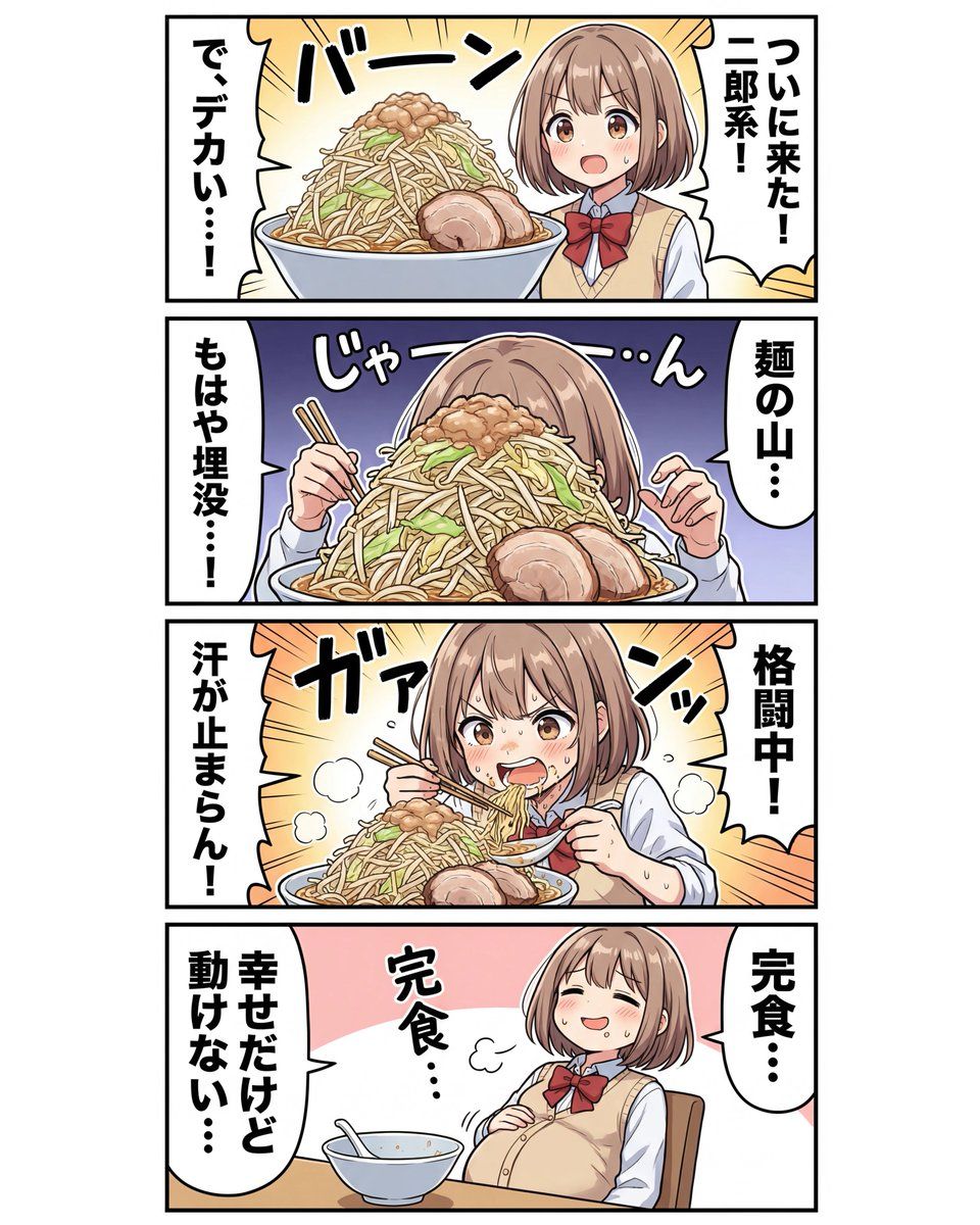 关于七海吃拉面的四格日式搞笑漫画