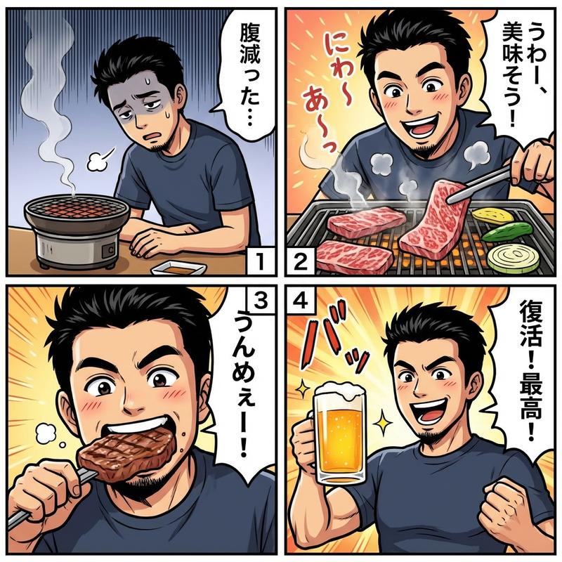 人物被烧烤美食“治愈”的彩色漫画