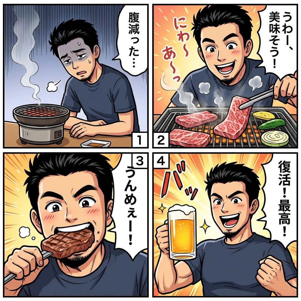 人物被烧烤美食“治愈”的彩色漫画