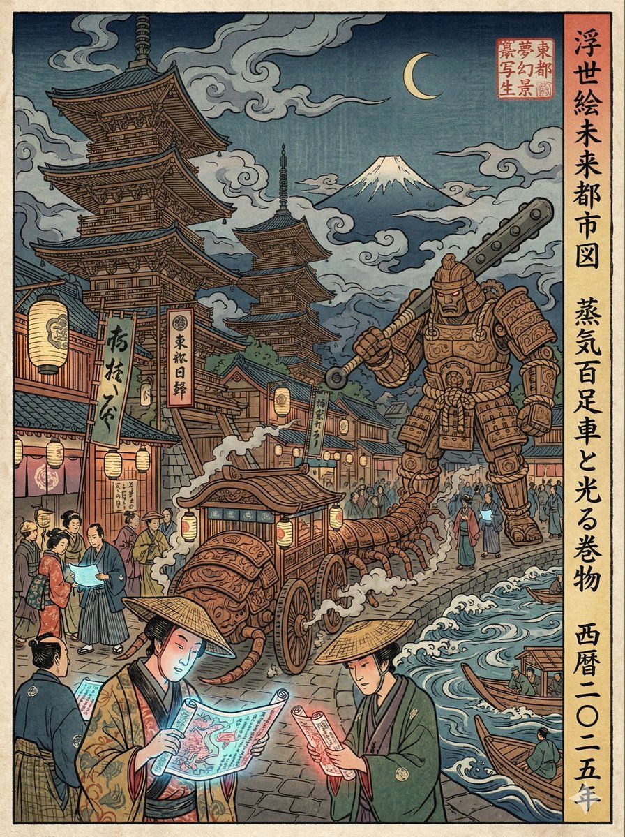 江户时代浮世绘风格的现代场景再现