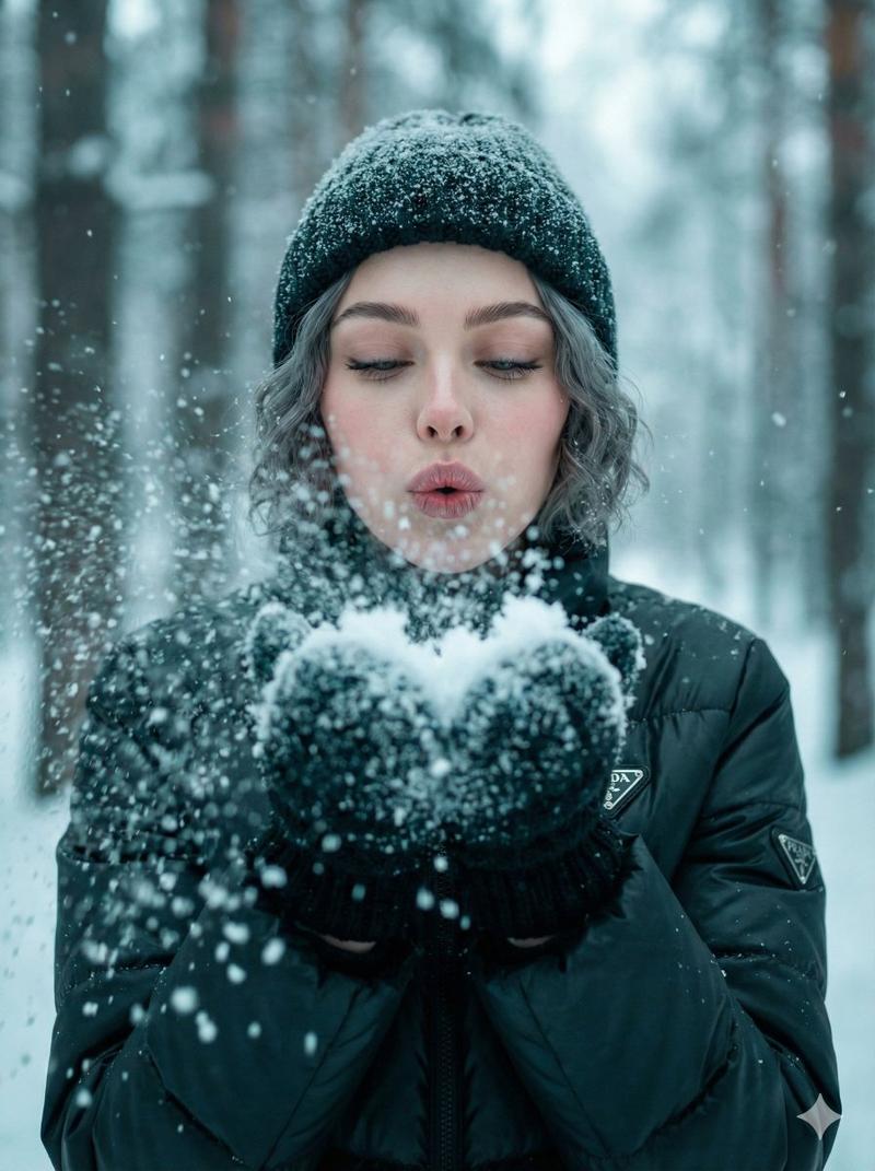 超逼真冬季雪花飞舞肖像提示词