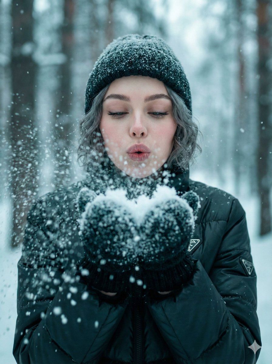 超逼真冬季雪花飞舞肖像提示词