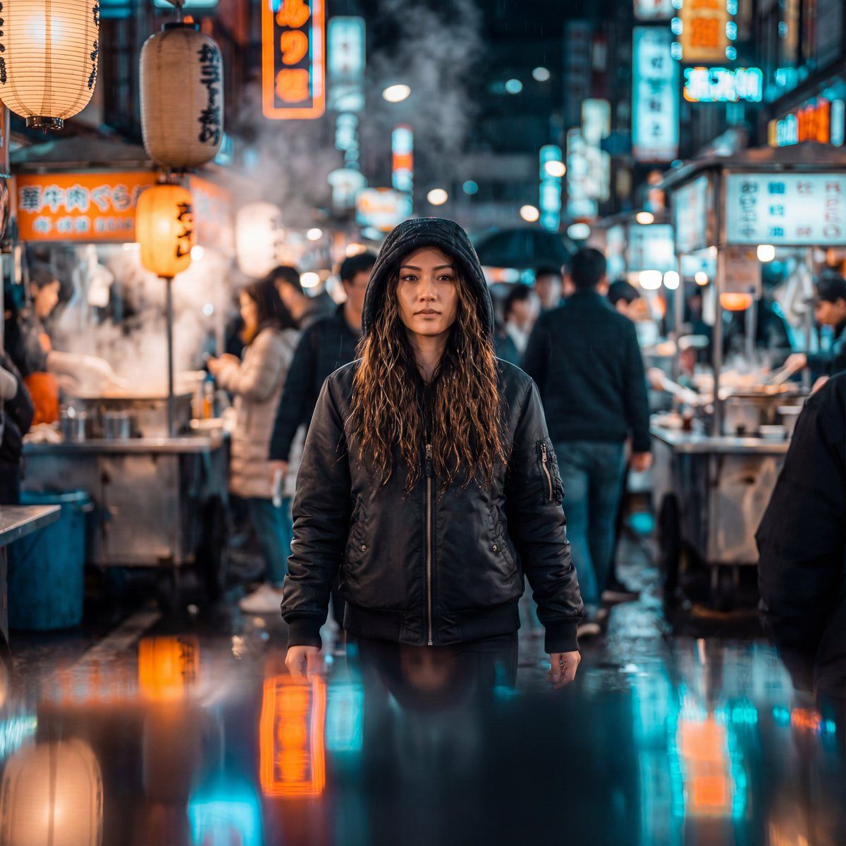 霓虹闪烁的夜市电影感人像
