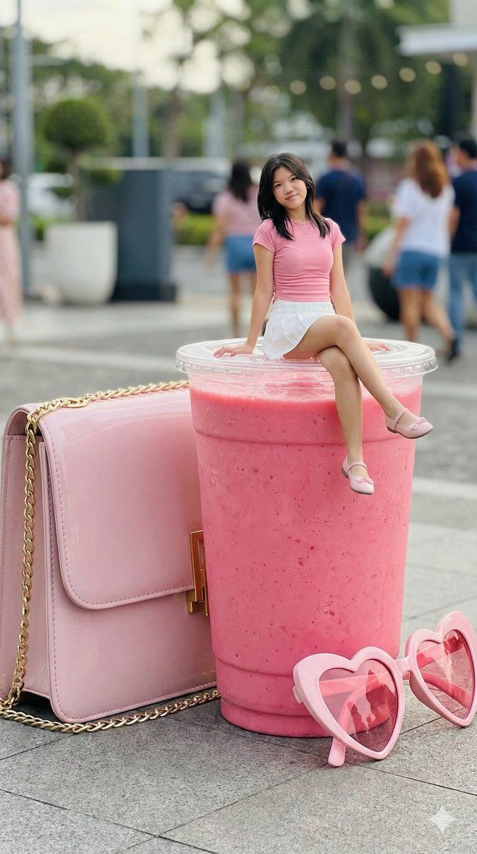 坐在超大奶昔杯里的女人