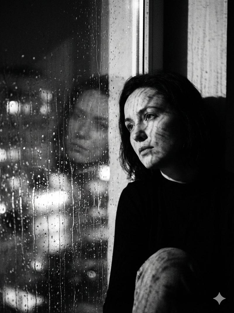 黑白雨中窗户肖像提示