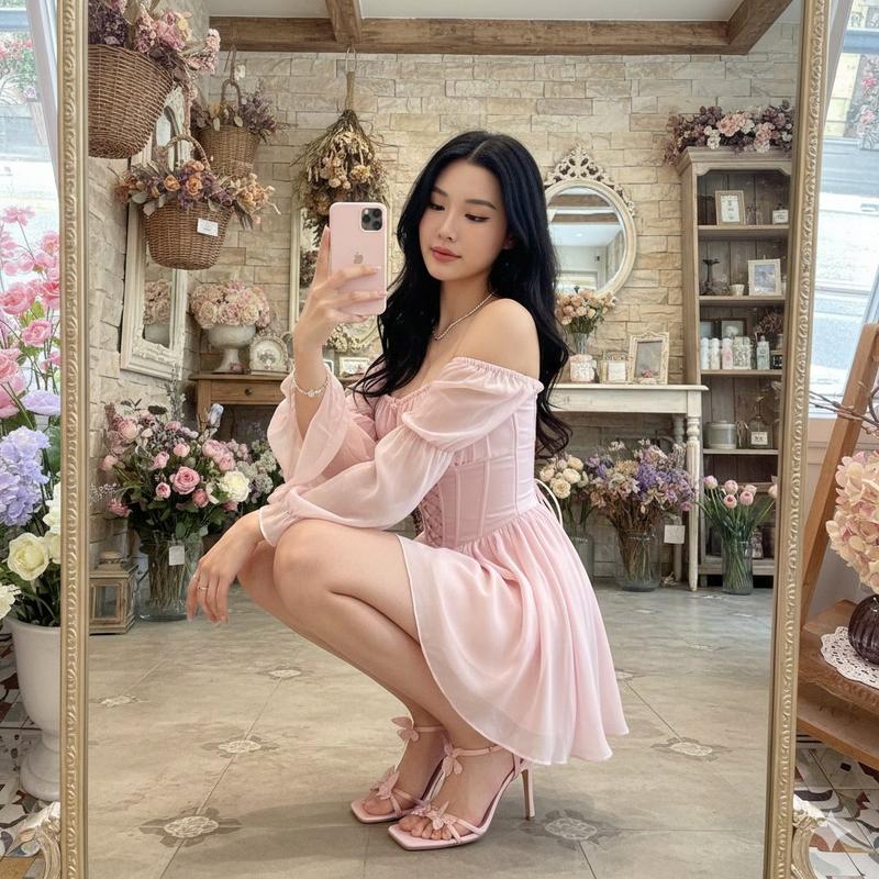 花卉咖啡馆里的仙女风镜面自拍（结构化）