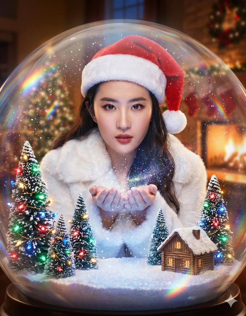 被困在巨型圣诞雪球中的超现实人物