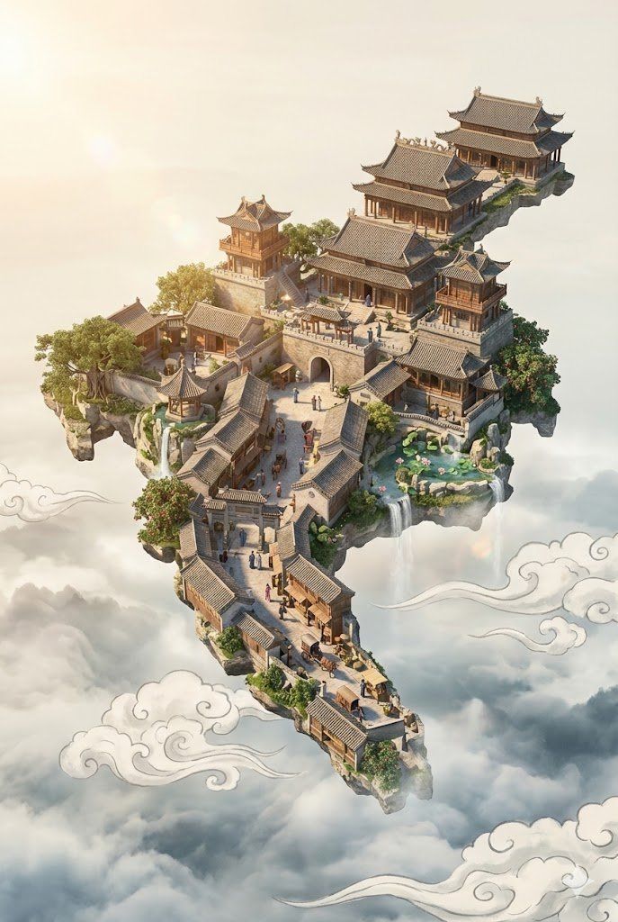 浮空城堡数字艺术海报提示词
