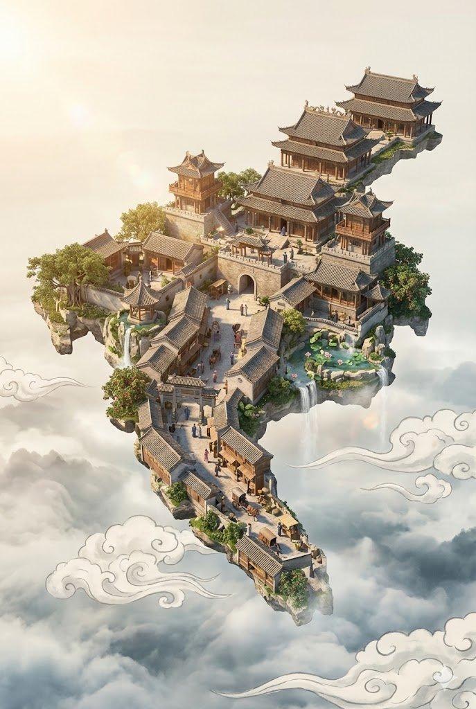 浮空城堡数字艺术海报提示词