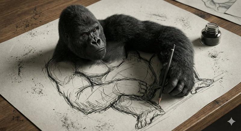 从 2D 木炭素描中浮现的 3D 大猩猩