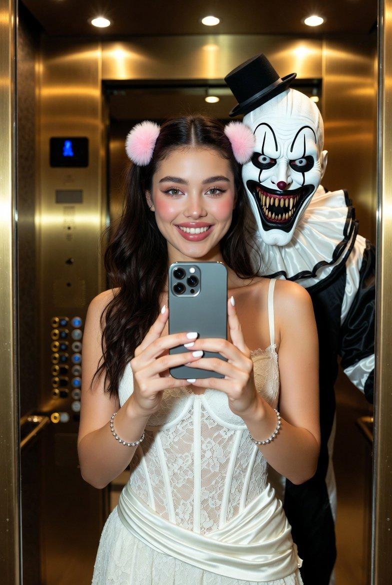 与小丑艺人 (Art the Clown) 的恐怖并置自拍