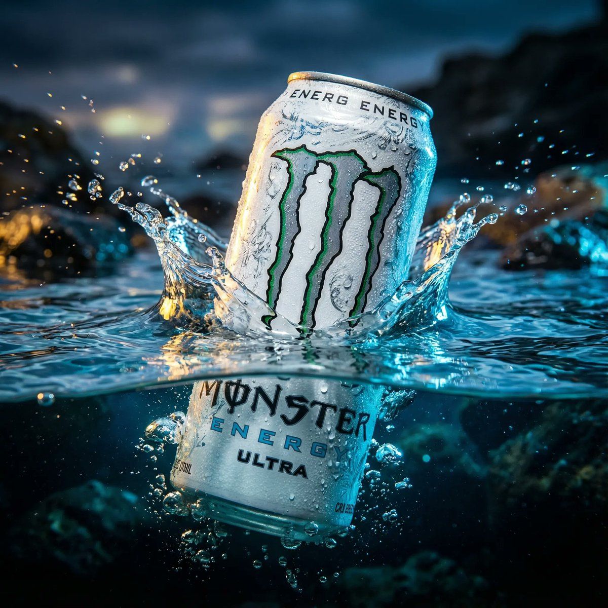 产品广告：浸入水中的白色魔爪能量饮料罐
