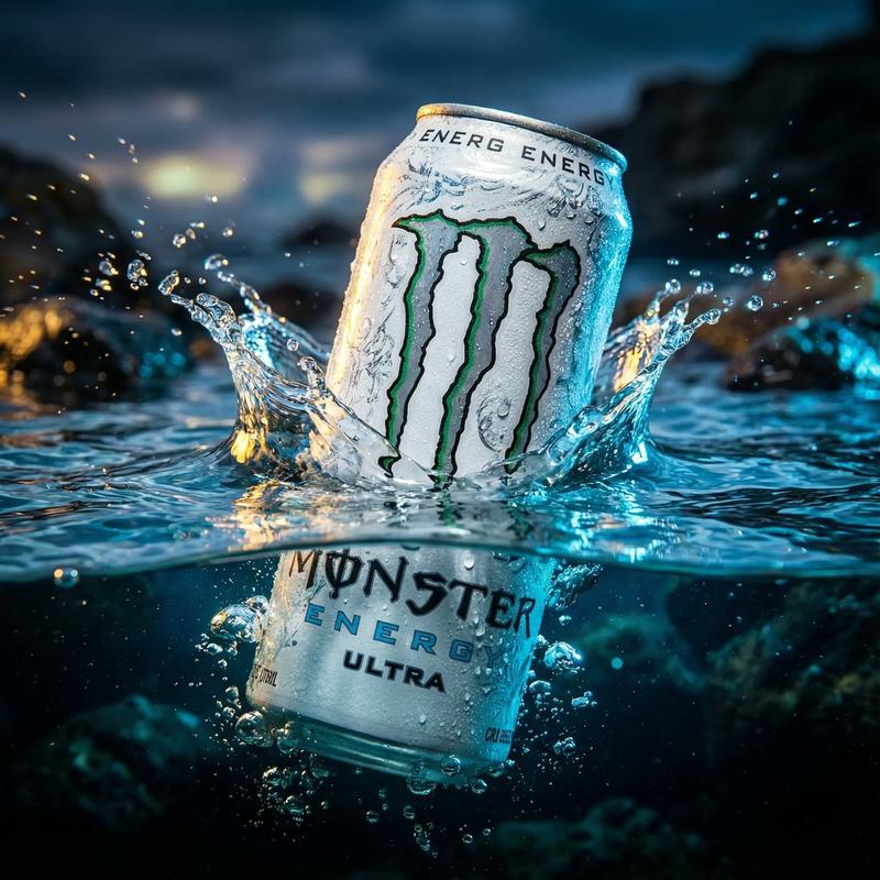 产品广告:浸入水中的白色魔爪能量饮料罐