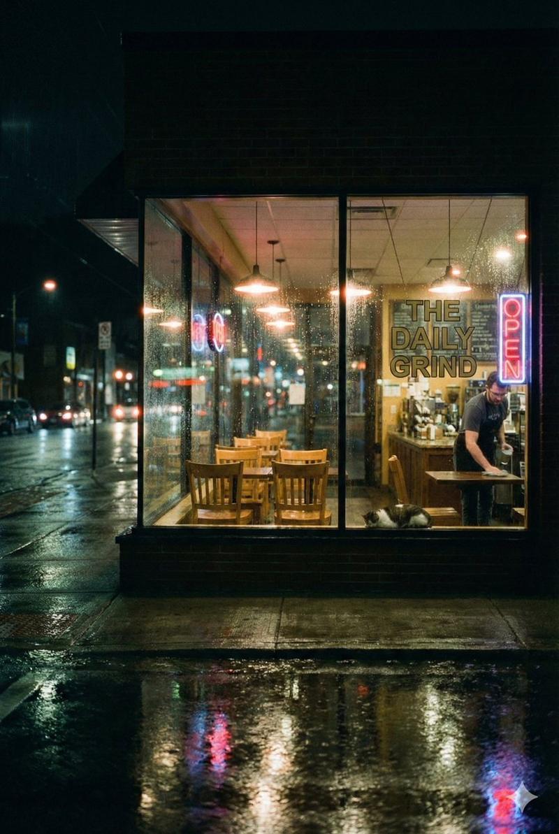 电影般的雨夜咖啡馆场景提示