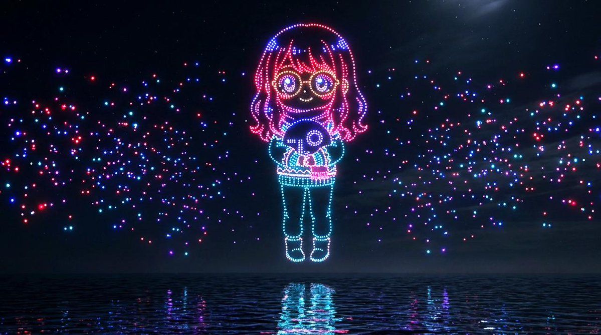 夜海无人机艺术字形投影