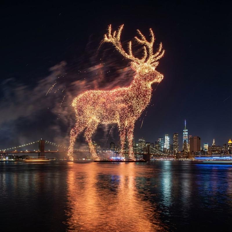 圣诞老人烟花点亮城市天际线