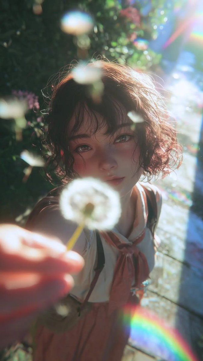 手持蒲公英的女孩的梦幻半写实动漫肖像