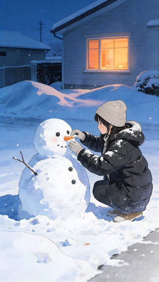 动漫风格堆雪人场景提示