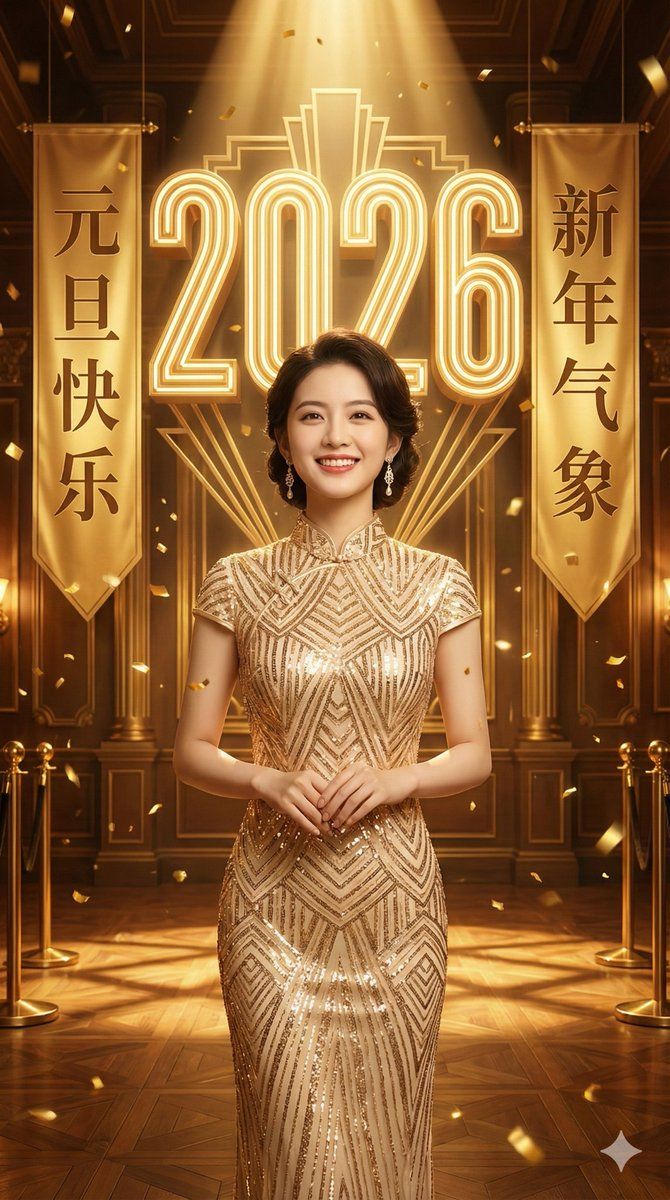 2026 金色新年庆典肖像提示词