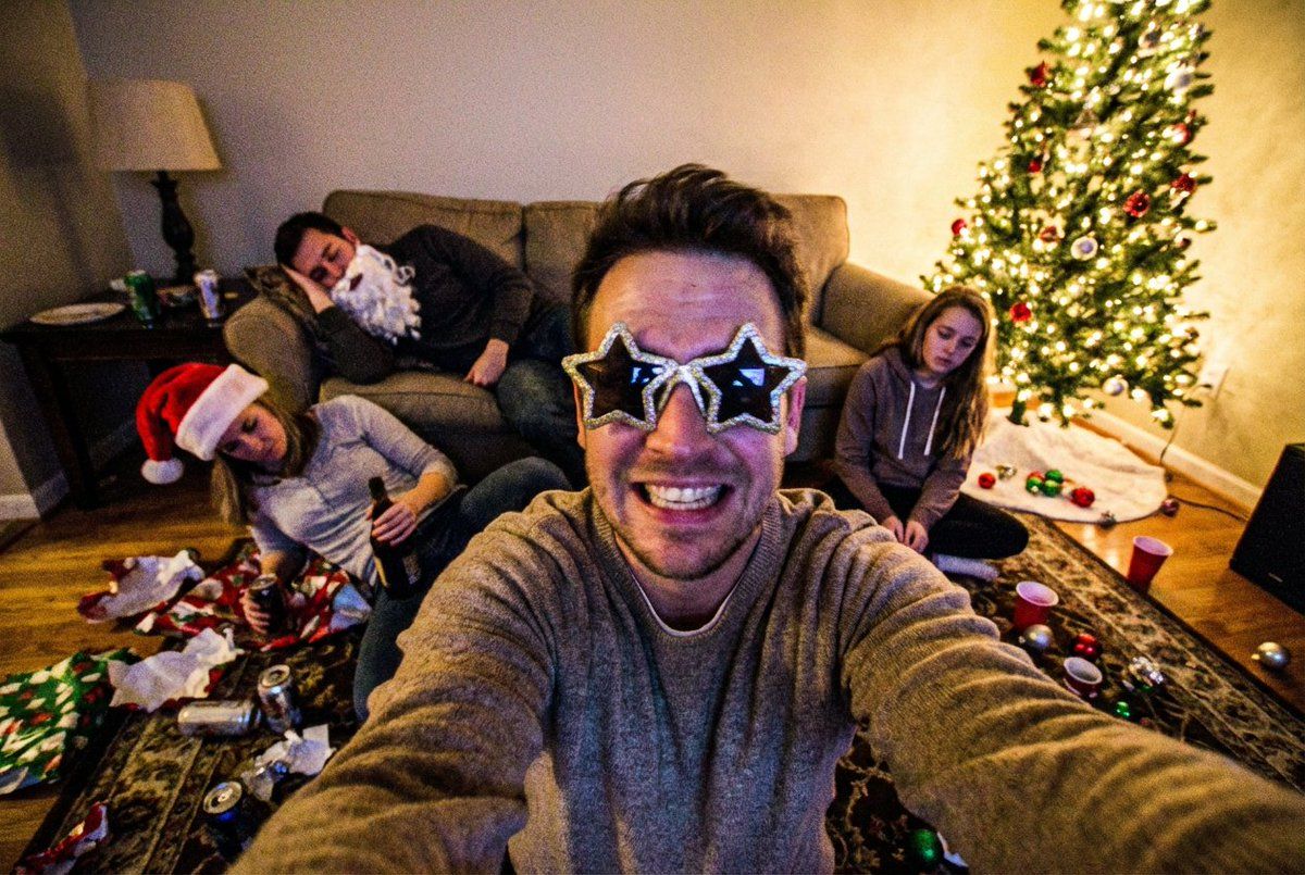 Low-Quality Chaotic Christmas After-Party Selfie