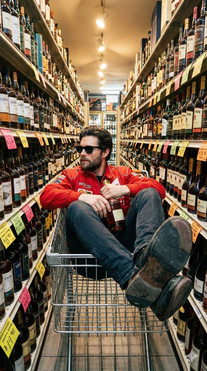 Unfiltered Smartphone Photo of Man in Shopping Cart in Liquor Store