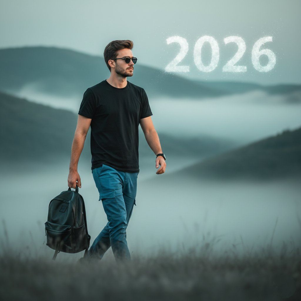 身着工装裤的时尚人士置身于空灵的风景中