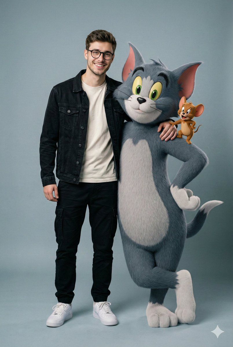 Hyper-realistic image prompt featuring a person with Tom and Jerry in a studio setting