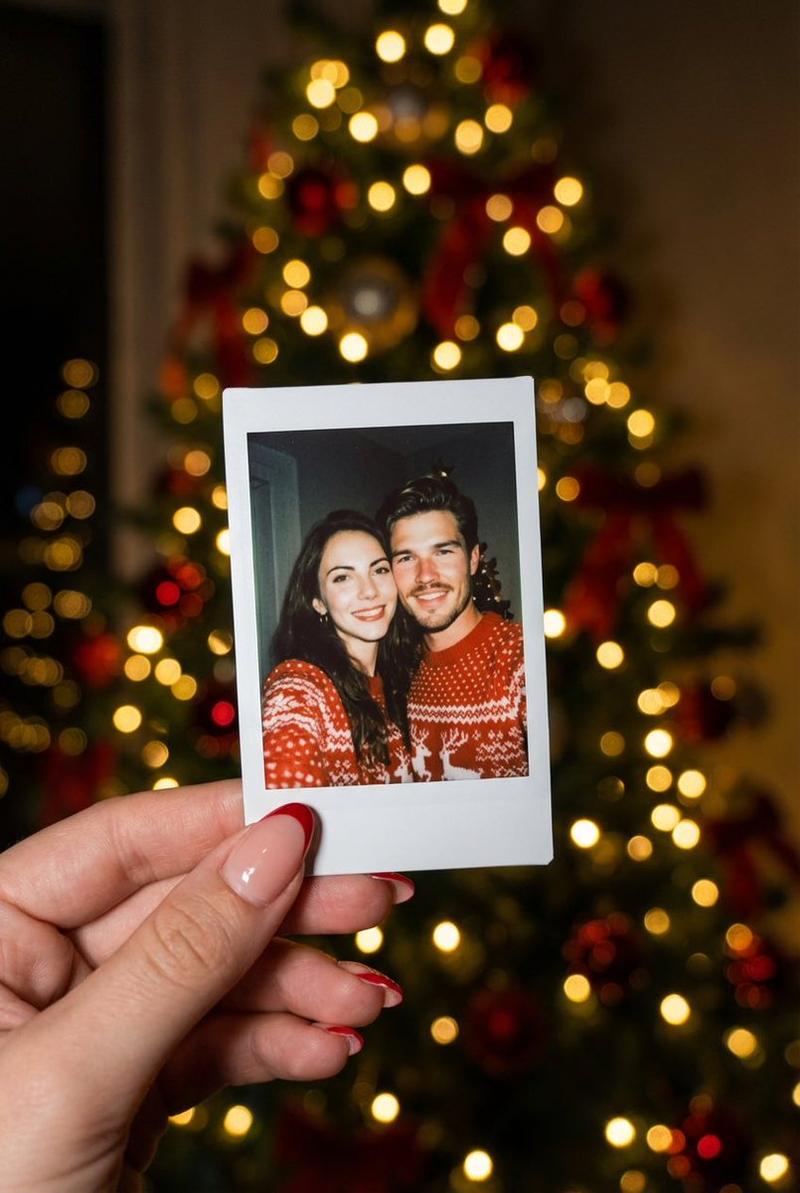 Photorealistic Polaroid Couple Selfie with Christmas Bokeh