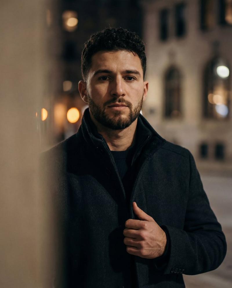 Cinematic low-key urban portrait prompt