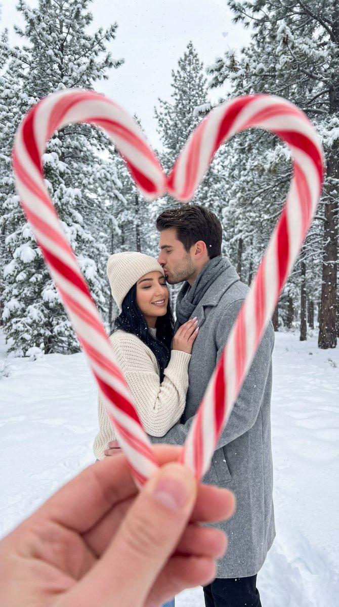 Photoreal Winter Couple Portrait with Candy Cane Frame