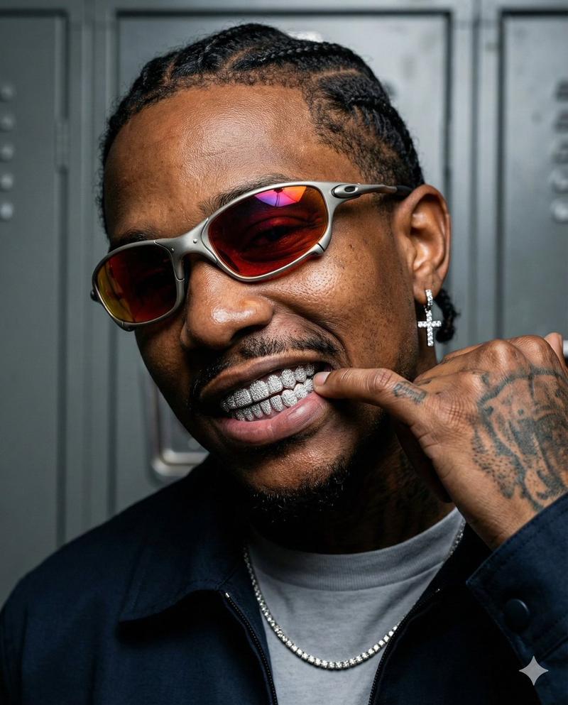 高对比度运动社论肖像，搭配 Grillz 和 Oakley