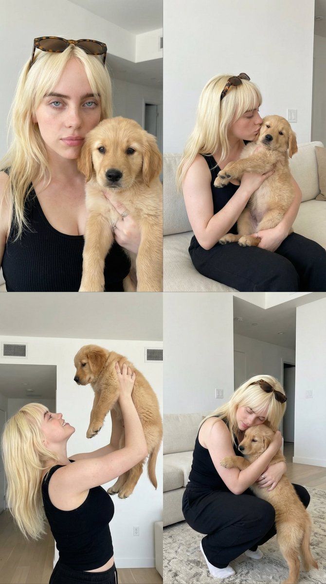 2x2 拼贴画：女士与金毛寻回犬幼犬