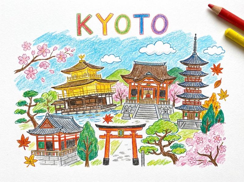 儿童风格的蜡笔和彩铅城市画作