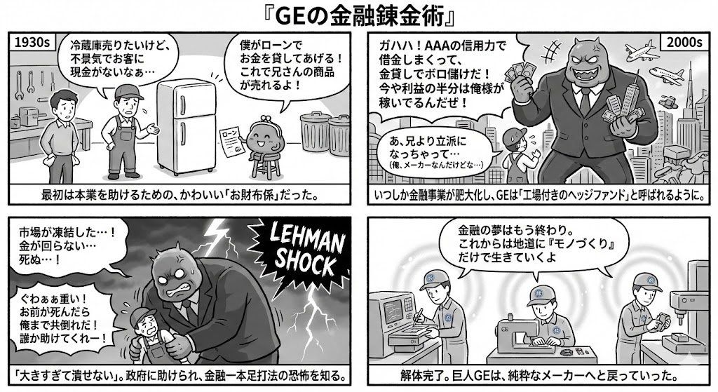 生成关于通用电气 (GE) 财务历史的四格漫画