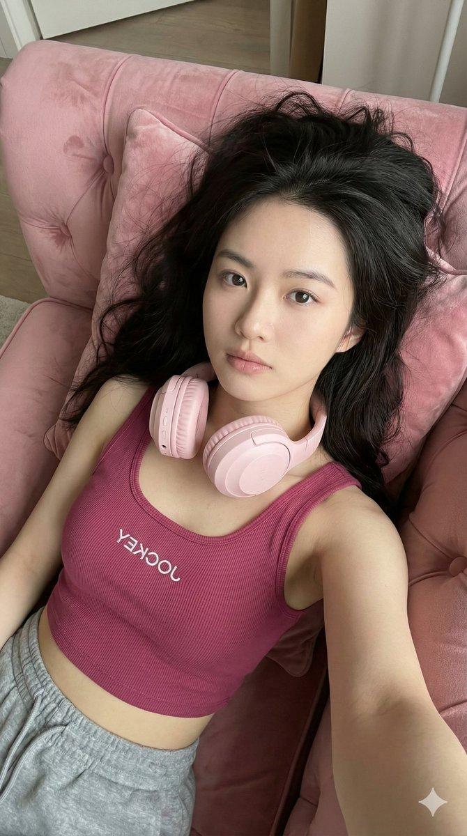 粉色丝绒沙发上的随性智能手机自拍