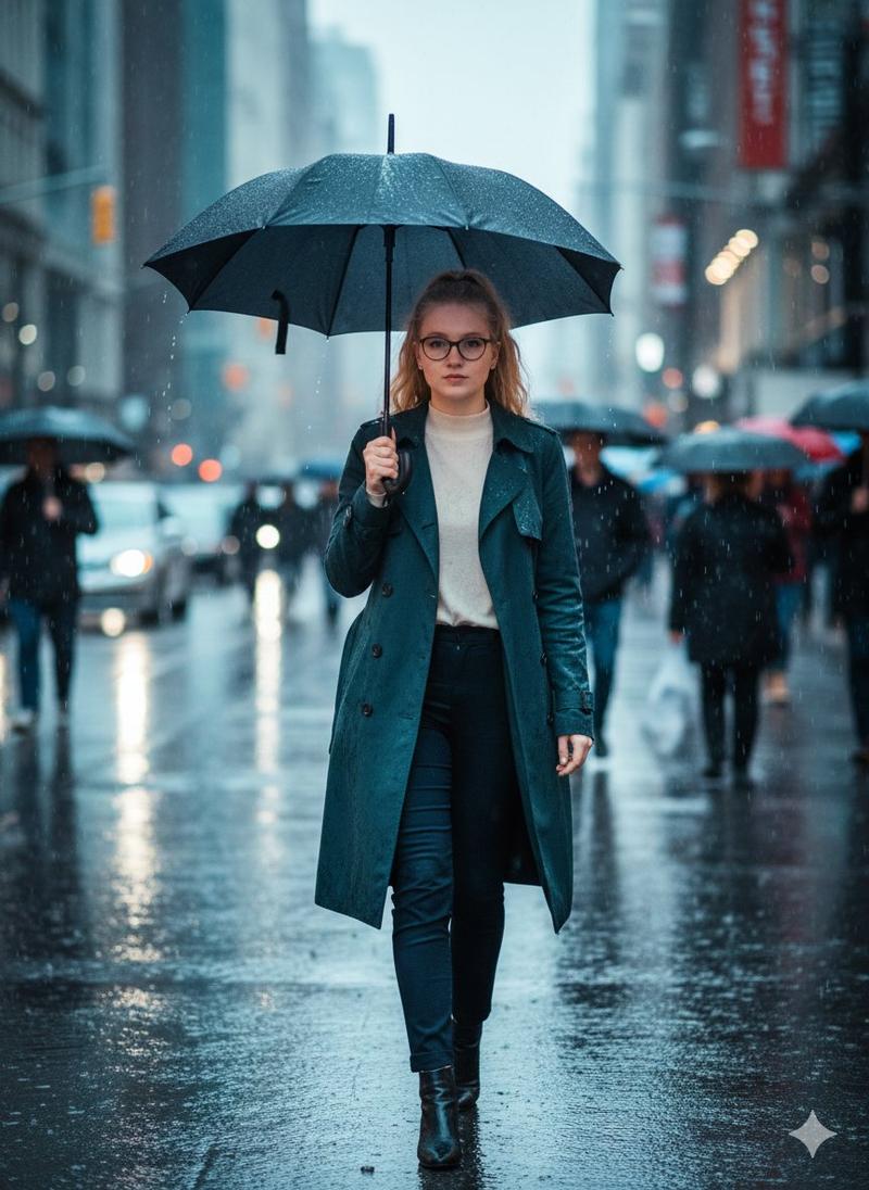 电影感雨中街景照片提示
