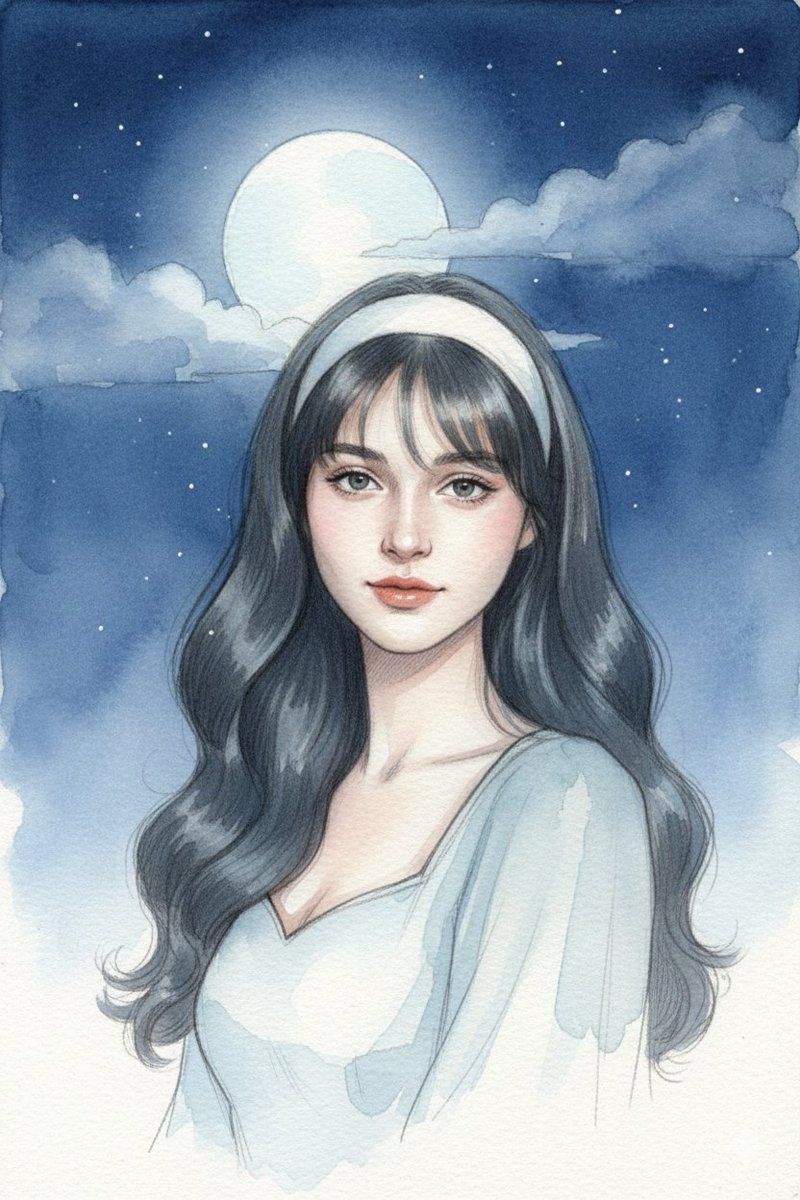 月光水彩肖像画，带身份锁