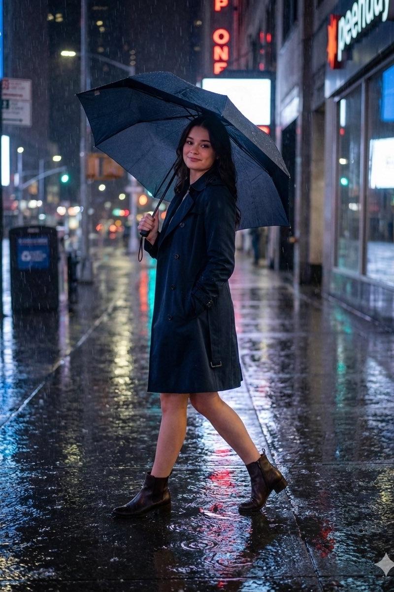 雨中街头的电影感时尚肖像