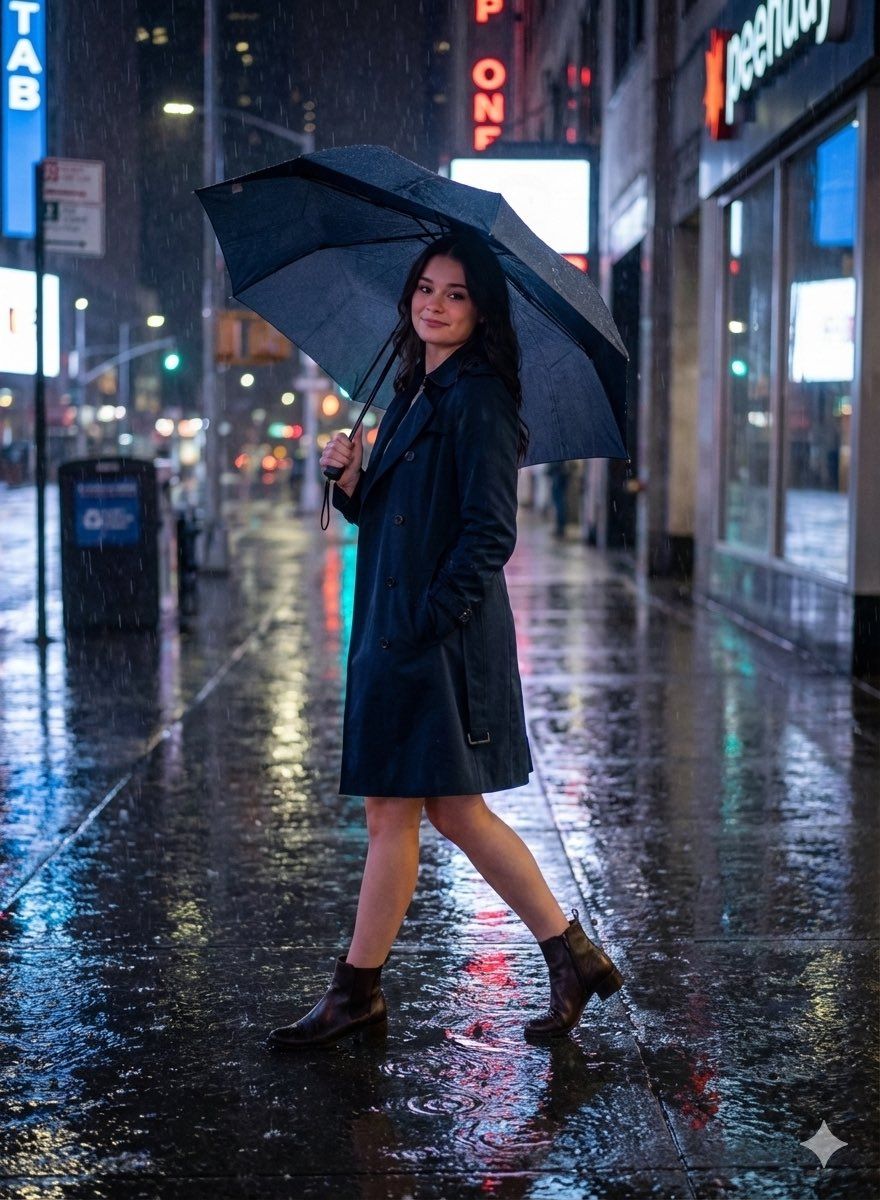 雨中街头的电影感时尚肖像