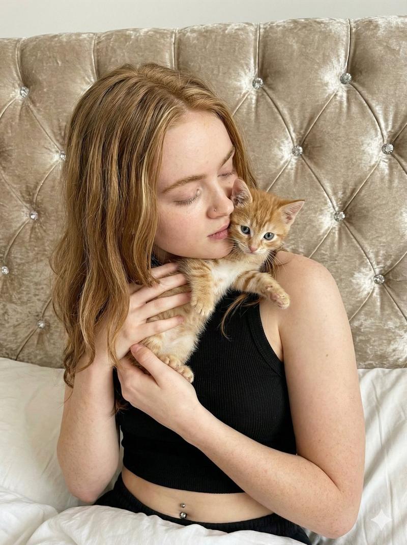 依偎小猫的温柔女子肖像