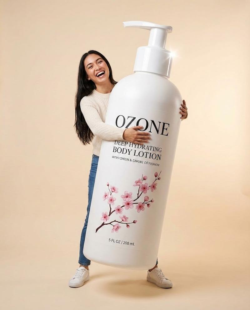 工作室拍摄:女士拥抱巨型乳液瓶