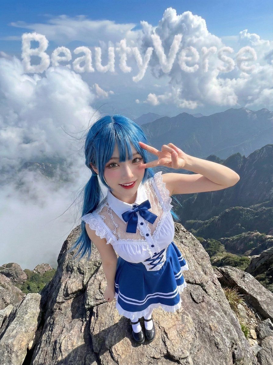 高山之巅的人物与云中文字